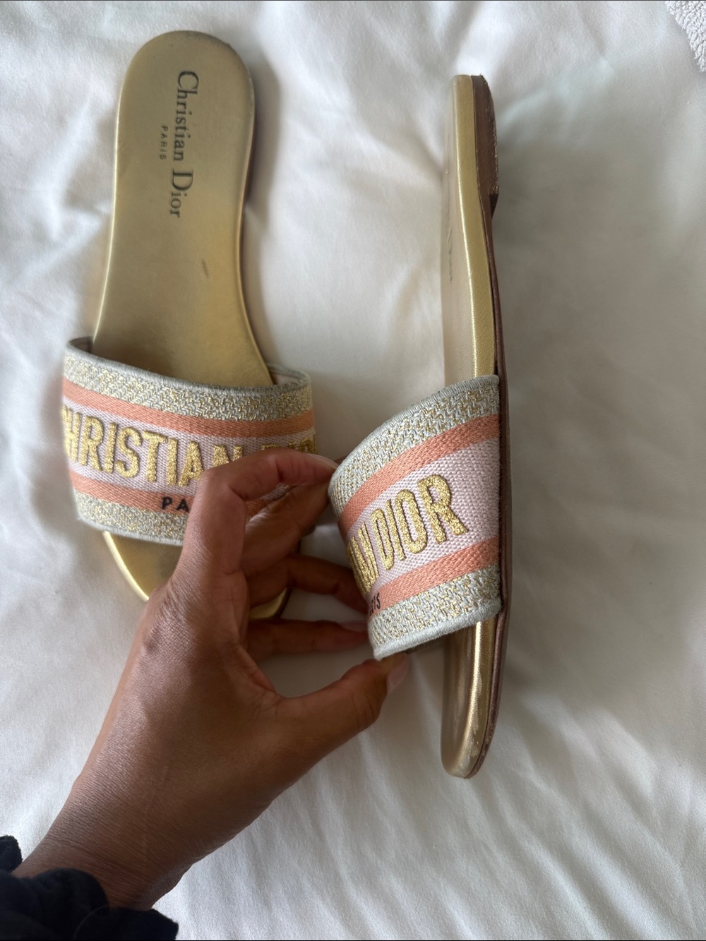 Dior Gold and Pink Embroidered Slide Sandals - Picture 8 of 9